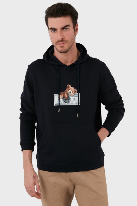 Exxe Pamuklu Baskılı Kanguru Cepli Kapüşonlu Erkek Sweat 6141004 LACİVERT - Exxe