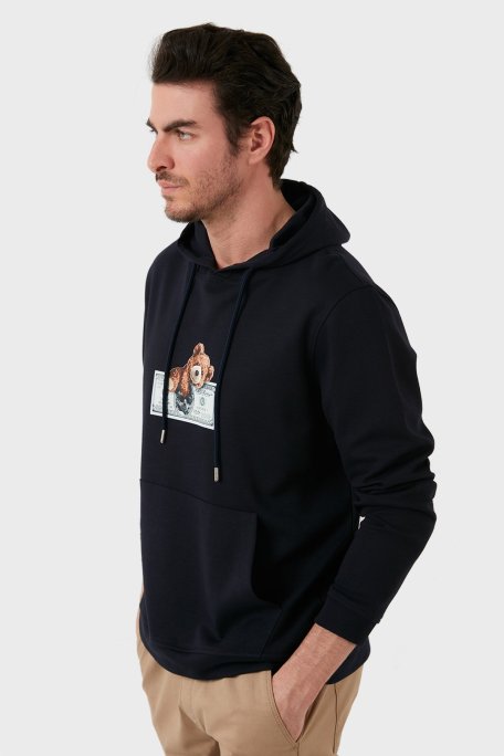 Exxe Pamuklu Baskılı Kanguru Cepli Kapüşonlu Erkek Sweat 6141004 LACİVERT - Exxe (1)