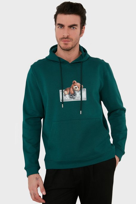 Exxe Pamuklu Baskılı Kanguru Cepli Kapüşonlu Erkek Sweat 6141004 PETROL - Exxe