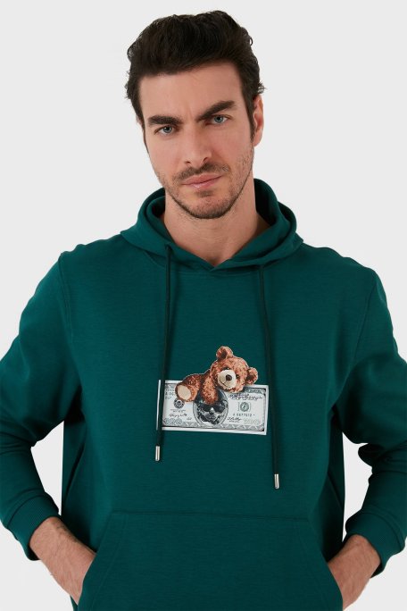 Exxe Pamuklu Baskılı Kanguru Cepli Kapüşonlu Erkek Sweat 6141004 PETROL - Exxe (1)