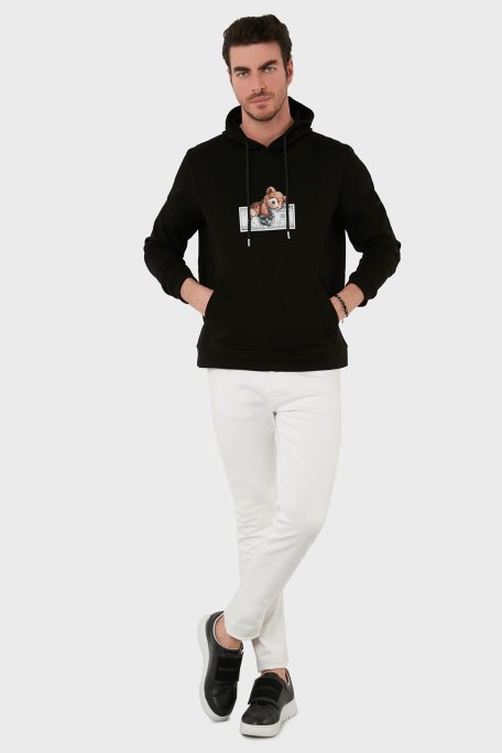 Exxe Pamuklu Baskılı Kanguru Cepli Kapüşonlu Erkek Sweat 6141004 SİYAH - Exxe (1)