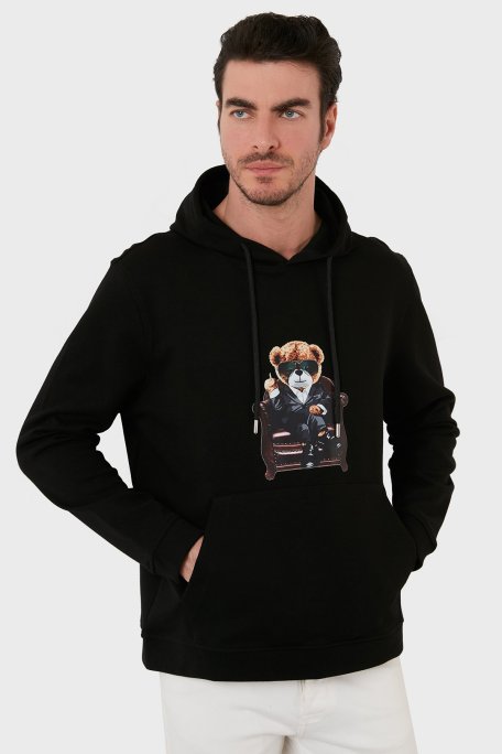 Exxe Pamuklu Baskılı Kanguru Cepli Kapüşonlu Erkek Sweat 6141005 SİYAH - Exxe