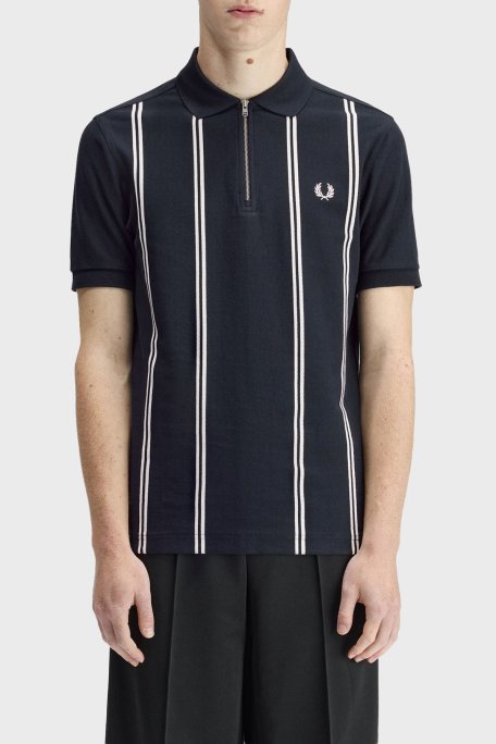 Fred Perry % 100 Pamuk Çizgili Regular Fit Yarım Fermuarlı Erkek Polo M2419 608 LACİVERT - Fred Perry