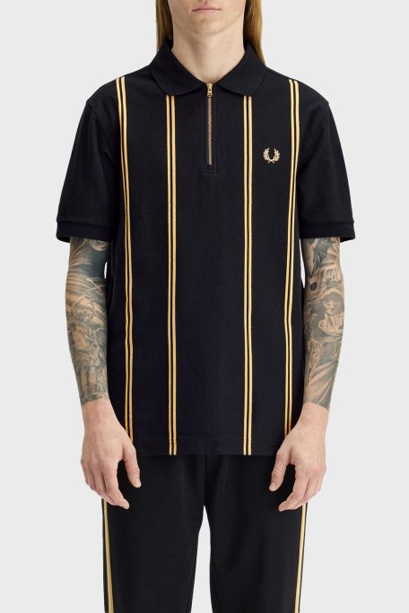 Fred Perry % 100 Pamuk Çizgili Regular Fit Yarım Fermuarlı Erkek Polo M2419 90A SİYAH - Fred Perry