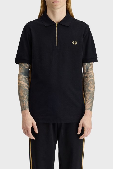 Fred Perry % 100 Pamuk Regular Fit Şerit Detaylı Yarım Fermuarlı Erkek Polo M2443 90A SİYAH - Fred Perry