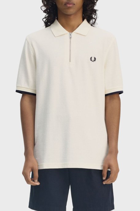 Fred Perry % 100 Pamuklu Regular Fit Yarım Fermuarlı Erkek Polo Yaka T Shirt M9886 560 EKRU - Fred Perry