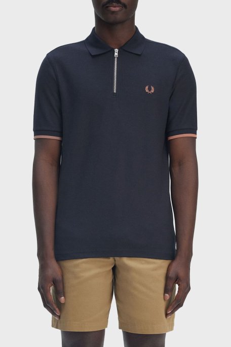 Fred Perry % 100 Pamuklu Regular Fit Yarım Fermuarlı Erkek Polo Yaka T Shirt M9886 608 LACİVERT - Fred Perry