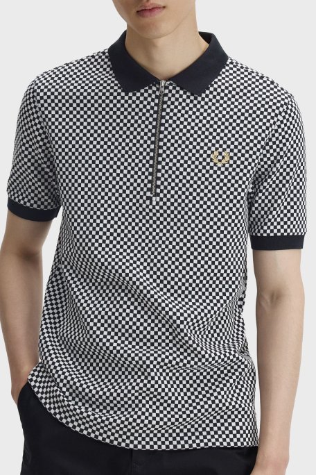 Fred Perry Dama Desenli % 100 Pamuk Regular Fit Yarım Fermuarlı Erkek Polo M2399 102 SİYAH-BEYAZ - Fred Perry