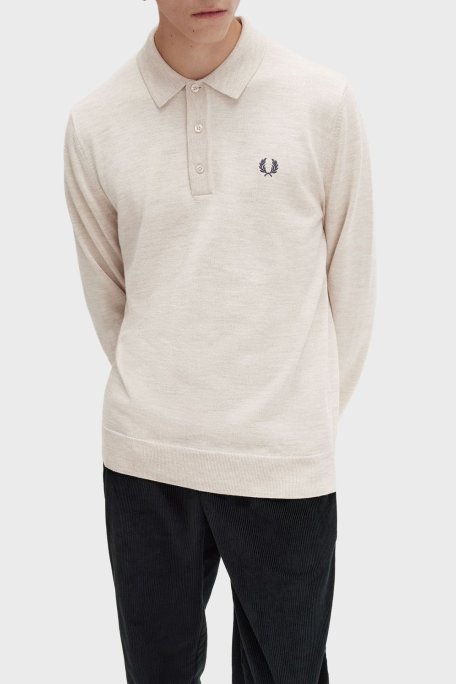Fred Perry Logolu Yün Karışımlı Regular Fit Düğmeli Erkek Polo Yaka Kazak K4535 X23 BEJ - Fred Perry