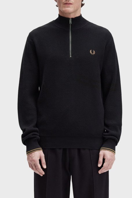Fred Perry Pamuklu Regular Fit Yarım Fermuarlı Dik Yaka Yivli Erkek Sweat K8557 102 SİYAH - Fred Perry