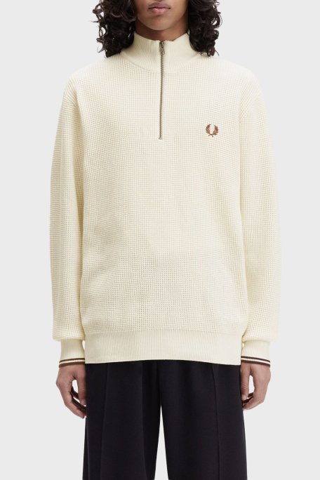 Fred Perry Pamuklu Regular Fit Yarım Fermuarlı Dik Yaka Yivli Erkek Sweat K8557 560 BEYAZ - Fred Perry