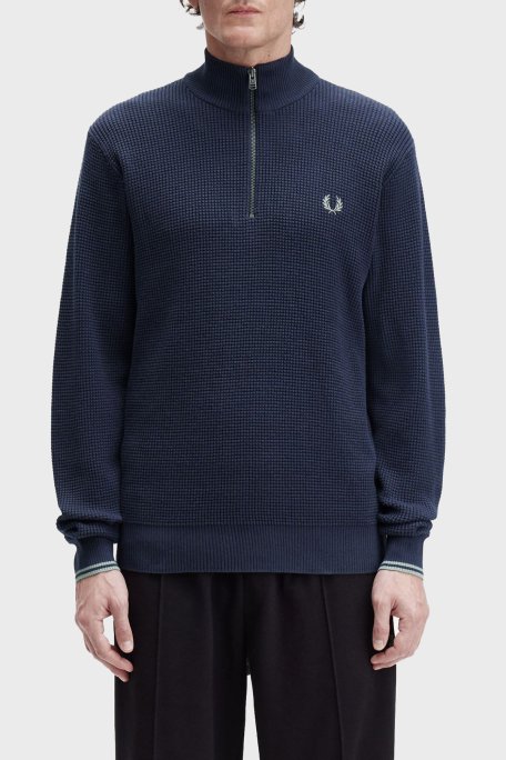 Fred Perry Pamuklu Regular Fit Yarım Fermuarlı Dik Yaka Yivli Erkek Sweat K8557 738 KOYU MAVİ - Fred Perry