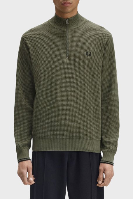 Fred Perry Pamuklu Regular Fit Yarım Fermuarlı Dik Yaka Yivli Erkek Sweat K8557 X21 HAKİ - Fred Perry
