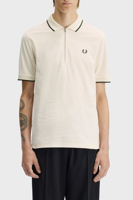 Fred Perry Şerit Detaylı % 100 Pamuk Regular Fit Yarım Fermuarlı Erkek Polo M2383 560 EKRU - Fred Perry