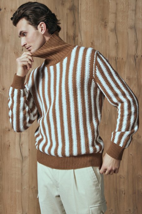 Gran Sasso % 100 Yün Çizgili Boğazlı Yaka Erkek Kazak 13121 22647 117 KAHVE - Gran Sasso