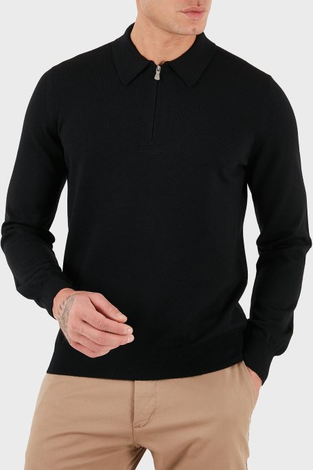 Gran Sasso % 100 Yün Regular Fit Yarım Fermuarlı Erkek Polo Yaka Kazak 55125 14290 099 SİYAH - Gran Sasso