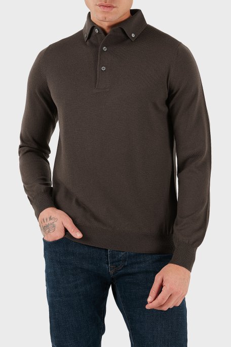 Gran Sasso % 100 Yün Slim Fit Düğmeli Erkek Polo Yaka Sweat 57163 14293 177 KAHVE - Gran Sasso