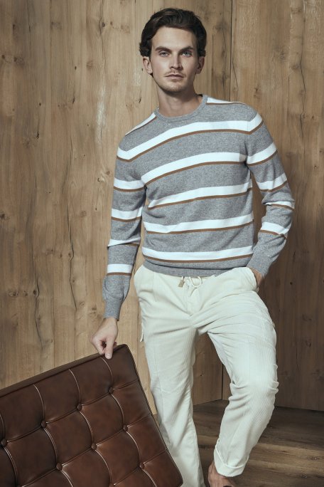 Gran Sasso Çizgili Yün ve Kaşmir Karışımlı Erkek Kazak 57167 19670 061 GRİ - Gran Sasso