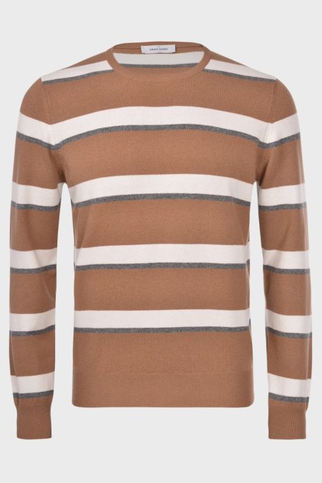 Gran Sasso Çizgili Yün ve Kaşmir Karışımlı Erkek Kazak 57167 19670 117 KAHVE - Gran Sasso