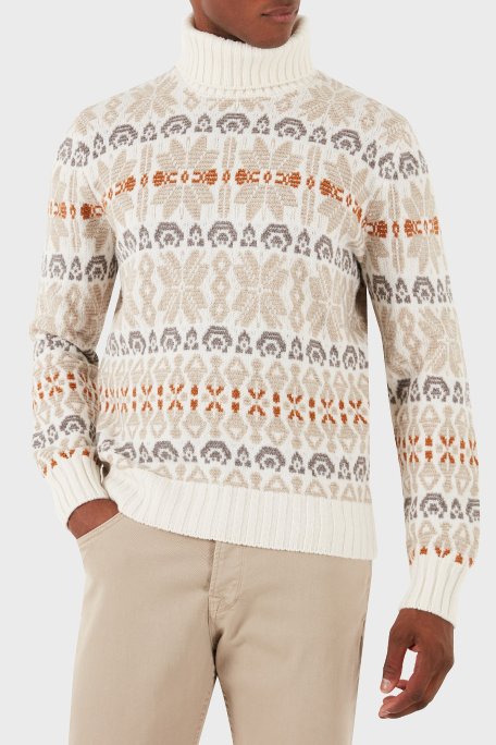 Gran Sasso Desenli % 100 Yün Regular Fit Balıkçı Yaka Erkek Kazak 13147 25061 001 EKRU-KAHVE - Gran Sasso