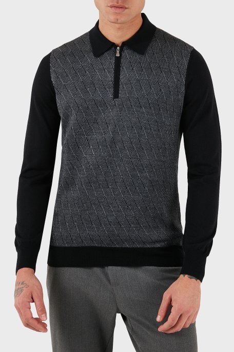 Gran Sasso Desenli Yün ve Pamuk Karışımlı Slim Fit Yarım Fermuarlı Polo Yaka Erkek Kazak 57137 13126 099 SİYAH - Gran Sasso