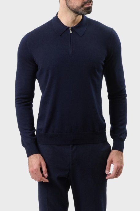 Gran Sasso Fitilli % 100 Yün Regular Fit Yarım Fermuarlı Erkek Polo Yaka Kazak 55125 14290 598 LACİVERT - Gran Sasso