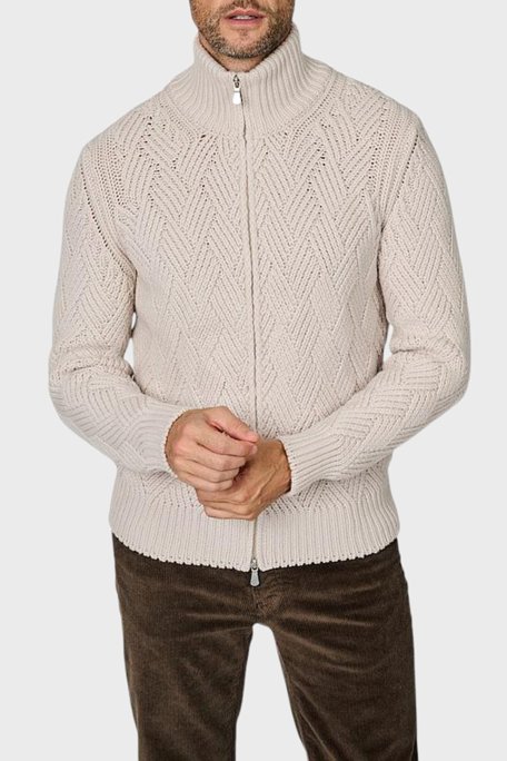 Gran Sasso Yün ve Kaşmir Karışımlı Regular Fit Dik Yaka Fermuarlı Erkek Hırka 10155 19654 113 BEJ - Gran Sasso