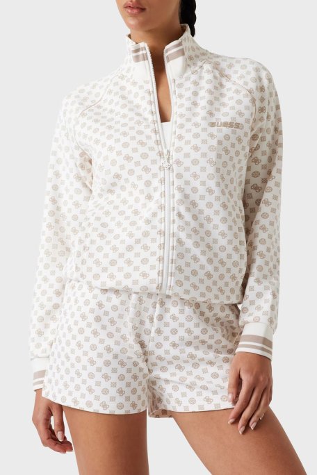 Guess Aggie 4G Logo Baskılı Regular Fit Dik Yaka Scuba V5YQ03KB212 Bayan Sweat V5YQ03 KB212 P1MS BEYAZ-BEJ - Guess