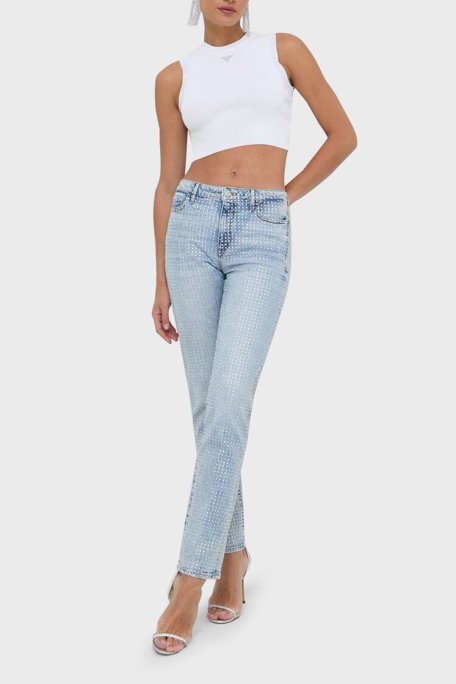 Guess Alexia Slim Fit Üçgen Logolu Kolsuz Crop T Shirt W4GZ34Z3F40 Bayan Top W4GZ34 Z3F40 G011 BEYAZ - Guess (1)