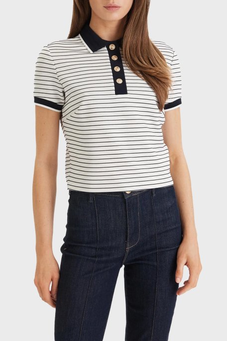 Guess Alphonsin Çizgili Slim Fit Düğmeli Polo W6GP17 K2946 Bayan T Shirt W6GP17 K2946 S0AK BEYAZ-SİYAH - Guess