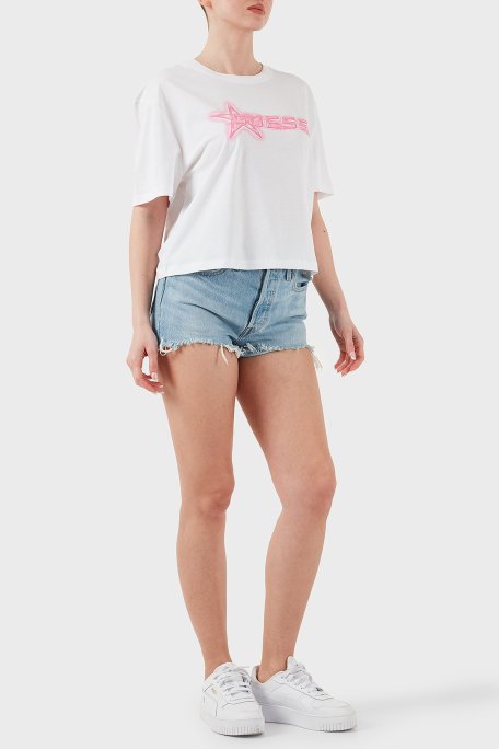 Guess Ardisia Crop % 100 Pamuk Boxy Fit Logolu V5GI12K9RM1 Bayan T Shirt V5GI12 K9RM1 G011 BEYAZ - Guess (1)