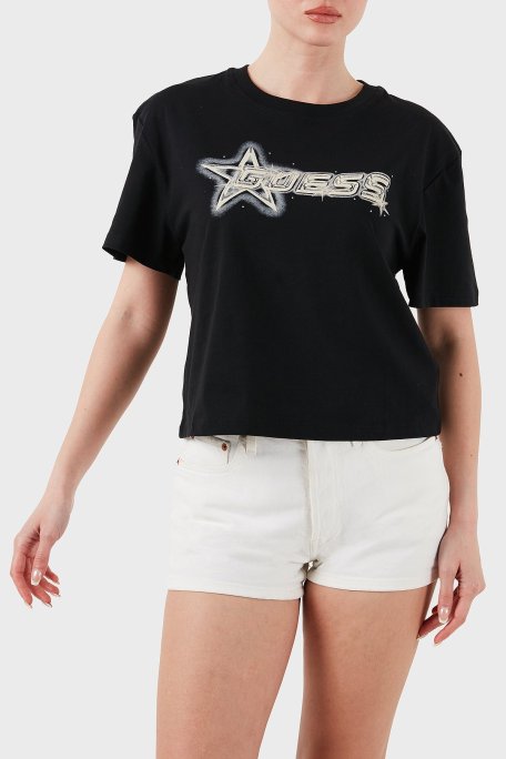 Guess Ardisia Crop % 100 Pamuk Boxy Fit Logolu V5GI12K9RM1 Bayan T Shirt V5GI12 K9RM1 JBLK SİYAH - Guess