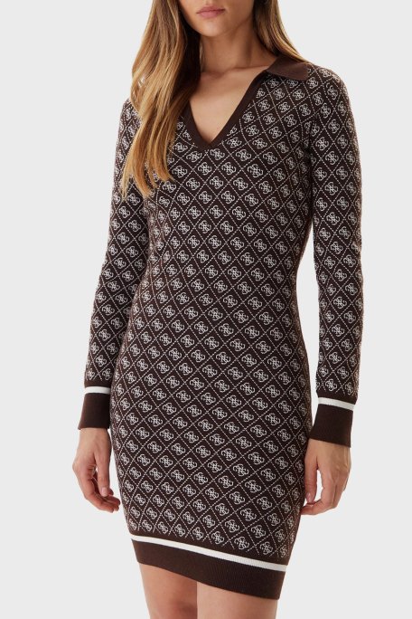 Guess Aubrey Yün Karışımlı Logolu Slim Fit V Yaka Mini W5BK25Z3JD2 Bayan Elbise W5BK25 Z3JD2 FNHT KAHVE - Guess