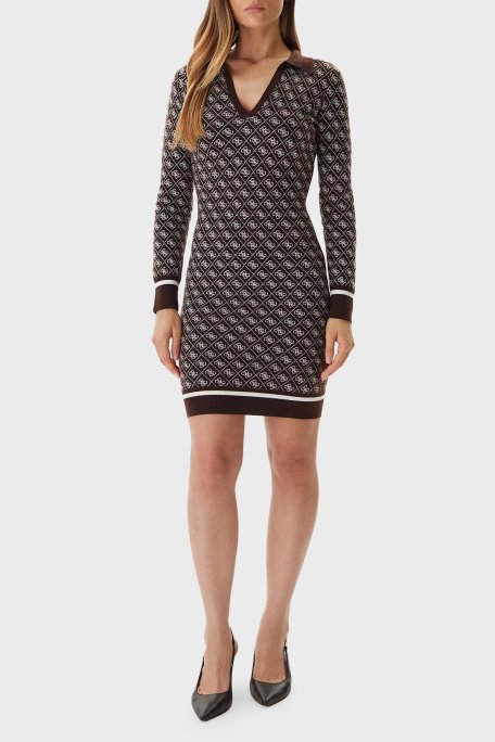 Guess Aubrey Yün Karışımlı Logolu Slim Fit V Yaka Mini W5BK25Z3JD2 Bayan Elbise W5BK25 Z3JD2 FNHT KAHVE - Guess (1)