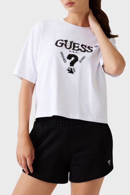 Guess Aurelie Pamuklu Payetli Relaxed Fit Bisiklet Yaka V4YI06I3Z14 Bayan T Shirt V4YI06 I3Z14 G011 BEYAZ - Guess