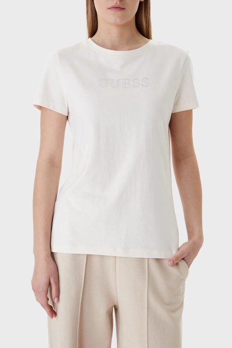 Guess Briana Pamuklu Regular Fit Taşlı Logolu Bisiklet Yaka V3BI11J1314 Bayan T Shirt V3BI11 J1314 G9L9 BEJ - Guess