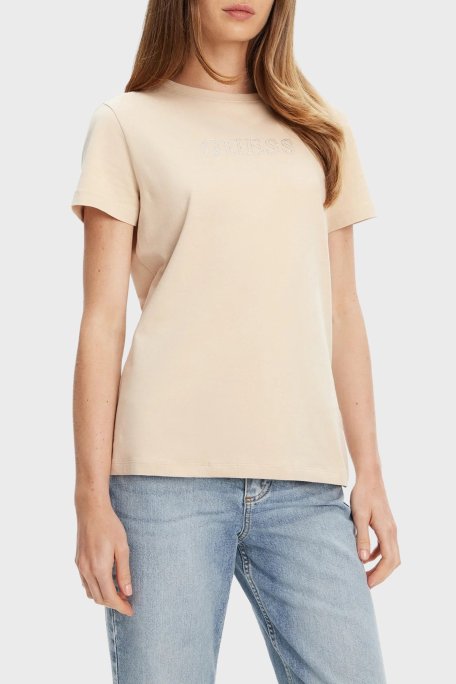 Guess Briana Pamuklu Relaxed Fit Taşlı Logolu V3BI11J1314 Bayan T Shirt V3BI11 J1314 A90F BEJ - Guess