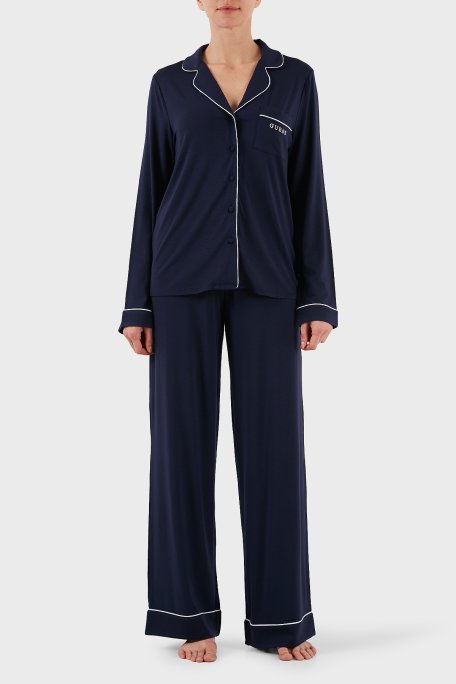 Guess Carlyn Logolu Regular Fit Düğmeli Uzun Kollu O4BX07KCIN2 Bayan Pijama Takımı O4BX07 KCIN2 G757 LACİVERT - Guess