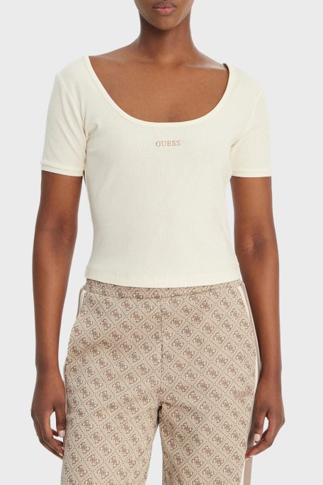 Guess Circe Slim Fit Logo işlemeli Derin Yuvarlak Yaka V6GP04K2969 Bayan Top V6GP04 K2969 G1O6 KREM - Guess