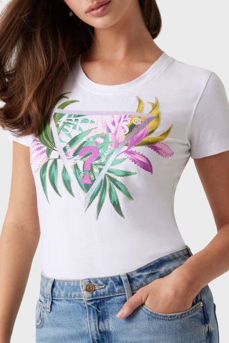 Guess Cn Ss Leaf Streç Pamuklu Desenli ve Taş Detaylı Bisiklet Yaka W5GI07J1314 Bayan T Shirt W5GI07 J1314 G011 BEYAZ - Guess