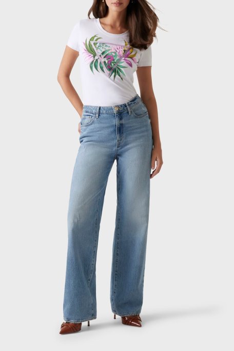 Guess Cn Ss Leaf Streç Pamuklu Desenli ve Taş Detaylı Bisiklet Yaka W5GI07J1314 Bayan T Shirt W5GI07 J1314 G011 BEYAZ - Guess (1)