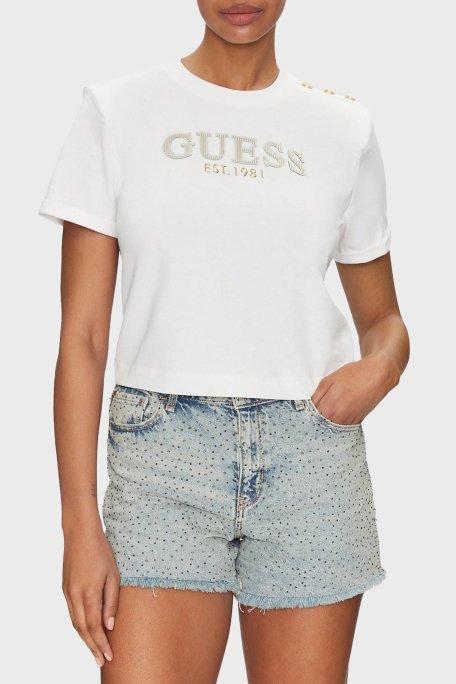 Guess Cn Ss Logolu Pamuklu Düğme Detaylı Boxy Fit Sıfır Yaka Cropped W5GI15K8FQ4 Bayan T Shirt W5GI15 K8FQ4 G011 BEYAZ - Guess