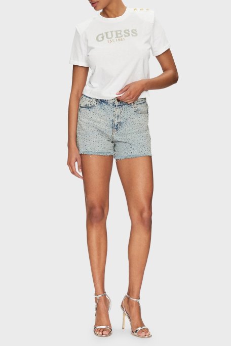 Guess Cn Ss Logolu Pamuklu Düğme Detaylı Boxy Fit Sıfır Yaka Cropped W5GI15K8FQ4 Bayan T Shirt W5GI15 K8FQ4 G011 BEYAZ - Guess (1)