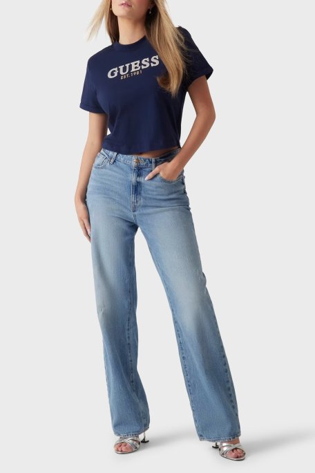 Guess Cn Ss Logolu Pamuklu Düğme Detaylı Boxy Fit Sıfır Yaka Cropped W5GI15K8FQ4 Bayan T Shirt W5GI15 K8FQ4 G7P1 LACİVERT - Guess (1)
