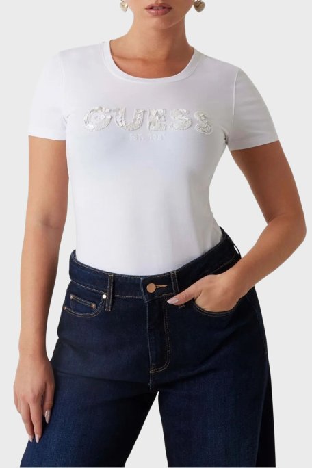 Guess Cn Ss Taşlı Logo % 100 Pamuk Slim Fit W5GI17J1314 Bayan T Shirt W5GI17 J1314 G011 BEYAZ - Guess