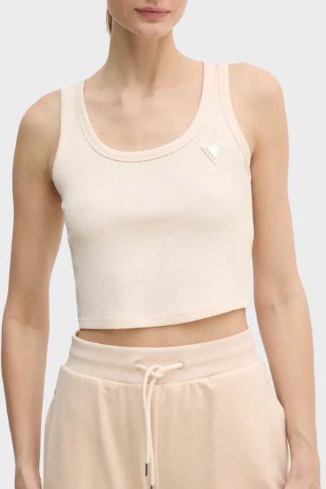 Guess Colette Rib Logolu Slim Fit Yuvarlak Yaka Fitilli V5RP07K8RT2 Bayan Top V5RP07 K8RT2 G6K5 EKRU - Guess