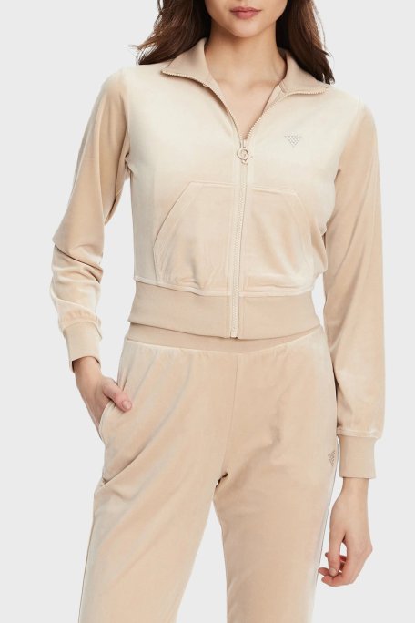 Guess Couture Taşlı Regular Fit Dik Yaka Kadife Crop V3BQ22K0232 Bayan Sweat V3BQ22 K0232 A90F BEJ - Guess