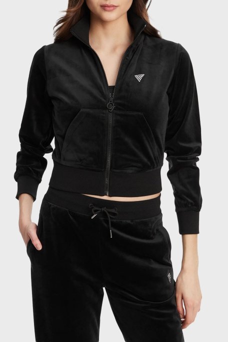 Guess Couture Taşlı Regular Fit Dik Yaka Kadife Crop V3BQ22K0232 Bayan Sweat V3BQ22 K0232 JBLK SİYAH - Guess