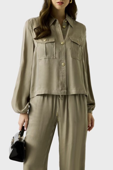 Guess Dalia Comfort Fit Klasik Yaka Uzun Balon Kollu W6GH22W1789 Bayan Gömlek W6GH22 W1789 G8CJ HAKİ - Guess