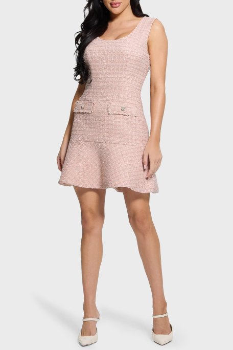 Guess Daphnee Fitted Fit Fırfırlı Mini Tuvid W5RK10WGW82 Bayan Elbise W5RK10 WGW82 F6DZ PUDRA - Guess